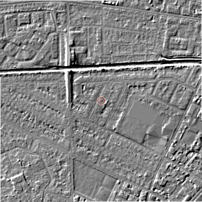 Shaded relief map of the ground around M146EN, computed from Environment Agency LiDAR. The ground here sits at about 35 m above sea level and falls 6 m across the surrounding 800 m. Surface water reaching this point runs off ground lying to the north-east, 1.2 m higher.