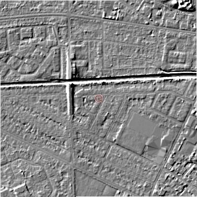Shaded relief map of the ground around M146EW, computed from Environment Agency LiDAR. The ground here sits at about 35 m above sea level and falls 8 m across the surrounding 800 m. Surface water reaching this point runs off ground lying to the east, 1.0 m higher.