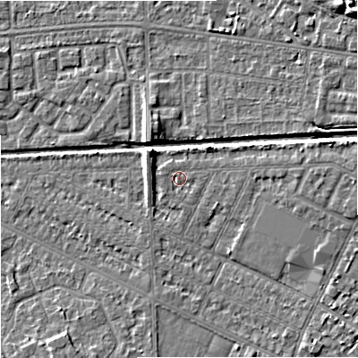 Shaded relief map of the ground around M146FN, computed from Environment Agency LiDAR. The ground here sits at about 34 m above sea level and falls 8 m across the surrounding 800 m. Surface water reaching this point runs off ground lying to the east, 2.8 m higher.