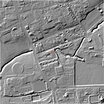 Shaded relief map of the ground around M146HY, computed from Environment Agency LiDAR. The ground here sits at about 39 m above sea level and falls 15 m across the surrounding 800 m. Surface water reaching this point runs off ground lying to the east-south-east, 7.8 m higher.