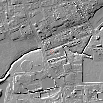 Shaded relief map of the ground around M146HZ, computed from Environment Agency LiDAR. The ground here sits at about 39 m above sea level and falls 12 m across the surrounding 800 m. Surface water reaching this point runs off ground lying to the south-east, 9.2 m higher.