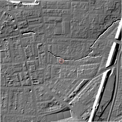 Shaded relief map of the ground around M146JL, computed from Environment Agency LiDAR. The ground here sits at about 40 m above sea level and falls 17 m across the surrounding 800 m. Surface water reaching this point runs off ground lying to the east-south-east, 11.2 m higher.