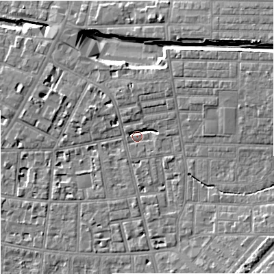 Shaded relief map of the ground around M146JT, computed from Environment Agency LiDAR. The ground here sits at about 39 m above sea level and falls 11 m across the surrounding 800 m. Surface water reaching this point runs off ground lying to the east-north-east, 3.5 m higher.