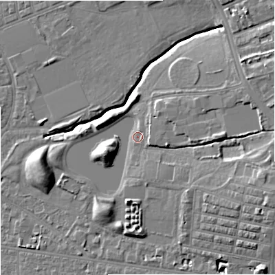 Shaded relief map of the ground around M146LA, computed from Environment Agency LiDAR. The ground here sits at about 37 m above sea level and falls 12 m across the surrounding 800 m. Surface water reaching this point runs off ground lying to the west-south-west, 6.2 m higher.