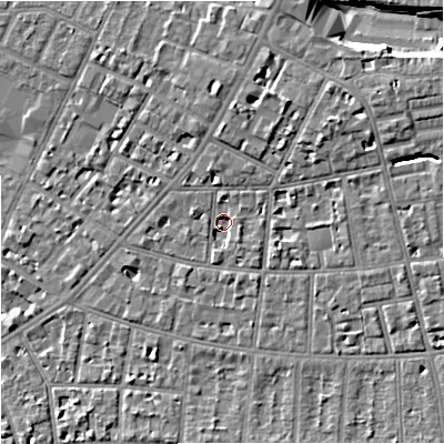 Shaded relief map of the ground around M146NT, computed from Environment Agency LiDAR. The ground here sits at about 36 m above sea level and falls 8 m across the surrounding 800 m. Surface water reaching this point runs off ground lying to the north-east, 5.2 m higher.