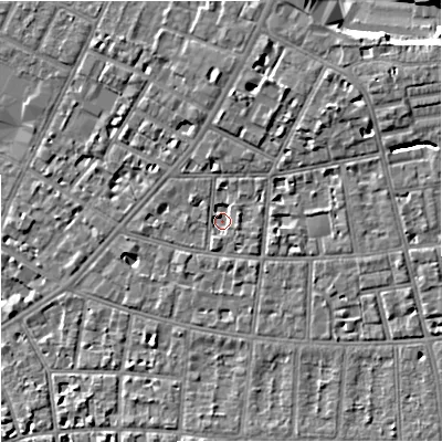 Shaded relief map of the ground around M146NU, computed from Environment Agency LiDAR. The ground here sits at about 36 m above sea level and falls 8 m across the surrounding 800 m. Surface water reaching this point runs off ground lying to the north-east, 5.2 m higher.
