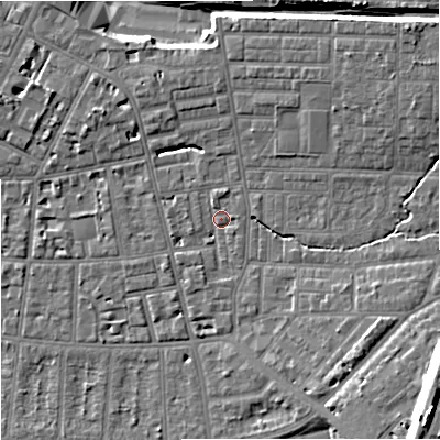 Shaded relief map of the ground around M146QT, computed from Environment Agency LiDAR. The ground here sits at about 39 m above sea level and falls 18 m across the surrounding 800 m. Surface water reaching this point runs off ground lying to the north, 1.4 m higher.