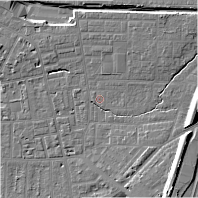 Shaded relief map of the ground around M146QU, computed from Environment Agency LiDAR. The ground here sits at about 40 m above sea level and falls 18 m across the surrounding 800 m. Surface water reaching this point runs off ground lying to the south-south-east, 0.6 m higher.