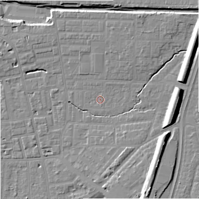 Shaded relief map of the ground around M146QX, computed from Environment Agency LiDAR. The ground here sits at about 40 m above sea level and falls 18 m across the surrounding 800 m. Surface water reaching this point runs off ground lying to the north-east, 10.8 m higher.