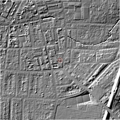 Shaded relief map of the ground around M146QY, computed from Environment Agency LiDAR. The ground here sits at about 39 m above sea level and falls 15 m across the surrounding 800 m. Surface water reaching this point runs off ground lying to the east, 4.0 m higher.