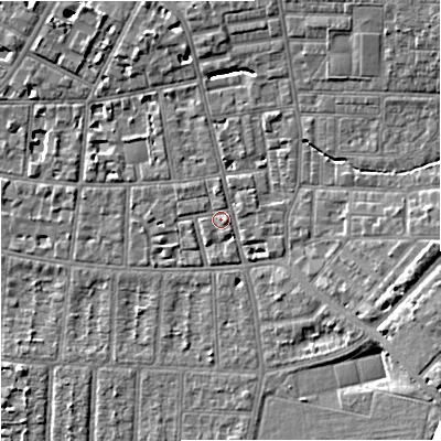 Shaded relief map of the ground around M146RA, computed from Environment Agency LiDAR. The ground here sits at about 39 m above sea level and falls 13 m across the surrounding 800 m. Surface water reaching this point runs off ground lying to the north-east, 6.9 m higher.