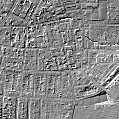 Shaded relief map of the ground around M146RB, computed from Environment Agency LiDAR. The ground here sits at about 39 m above sea level and falls 8 m across the surrounding 800 m. Surface water reaching this point runs off ground lying to the north-north-east, 1.2 m higher.