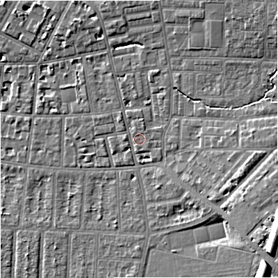 Shaded relief map of the ground around M146RD, computed from Environment Agency LiDAR. The ground here sits at about 39 m above sea level and falls 14 m across the surrounding 800 m. Surface water reaching this point runs off ground lying to the north-east, 7.4 m higher.