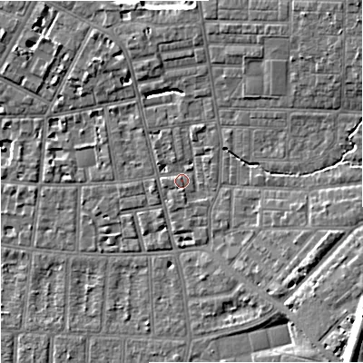 Shaded relief map of the ground around M146RE, computed from Environment Agency LiDAR. The ground here sits at about 39 m above sea level and falls 15 m across the surrounding 800 m. Surface water reaching this point runs off ground lying to the north-east, 7.1 m higher.