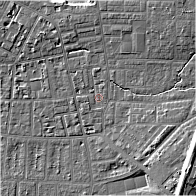 Shaded relief map of the ground around M146RF, computed from Environment Agency LiDAR. The ground here sits at about 39 m above sea level and falls 16 m across the surrounding 800 m. Surface water reaching this point runs off ground lying to the east-south-east, 12.4 m higher.