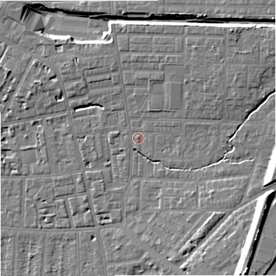 Shaded relief map of the ground around M146RG, computed from Environment Agency LiDAR. The ground here sits at about 40 m above sea level and falls 18 m across the surrounding 800 m. Surface water reaching this point runs off ground lying to the north-east, 6.3 m higher.