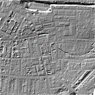 Shaded relief map of the ground around M146RL, computed from Environment Agency LiDAR. The ground here sits at about 39 m above sea level and falls 16 m across the surrounding 800 m. Surface water reaching this point runs off ground lying to the north-east, 1.2 m higher.