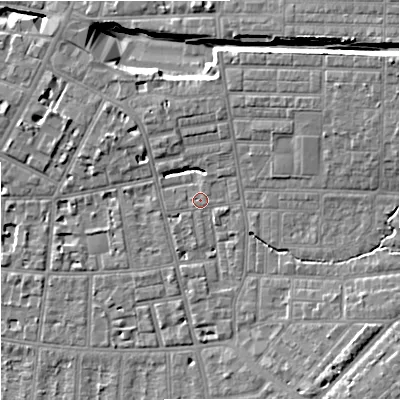Shaded relief map of the ground around M146RN, computed from Environment Agency LiDAR. The ground here sits at about 39 m above sea level and falls 12 m across the surrounding 800 m. The ground contributing surface water to this point lies to the east-north-east.
