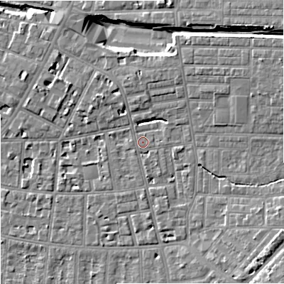 Shaded relief map of the ground around M146RP, computed from Environment Agency LiDAR. The ground here sits at about 39 m above sea level and falls 11 m across the surrounding 800 m. Surface water reaching this point runs off ground lying to the north-north-east, 4.5 m higher.