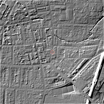 Shaded relief map of the ground around M146RQ, computed from Environment Agency LiDAR. The ground here sits at about 39 m above sea level and falls 15 m across the surrounding 800 m. Surface water reaching this point runs off ground lying to the east, 3.8 m higher.