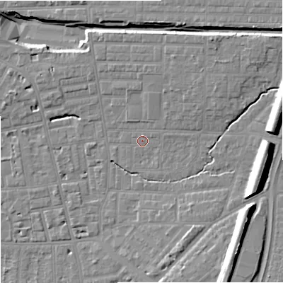 Shaded relief map of the ground around M146RR, computed from Environment Agency LiDAR. The ground here sits at about 40 m above sea level and falls 17 m across the surrounding 800 m. Surface water reaching this point runs off ground lying to the east-north-east, 1.0 m higher.