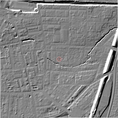 Shaded relief map of the ground around M146RS, computed from Environment Agency LiDAR. The ground here sits at about 40 m above sea level and falls 18 m across the surrounding 800 m. Surface water reaching this point runs off ground lying to the east-north-east, 10.4 m higher.