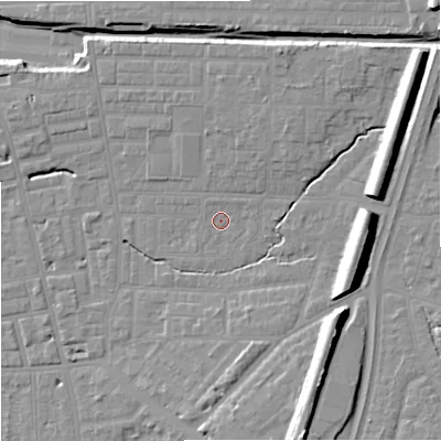 Shaded relief map of the ground around M146RT, computed from Environment Agency LiDAR. The ground here sits at about 40 m above sea level and falls 17 m across the surrounding 800 m. Surface water reaching this point runs off ground lying to the north-east, 1.0 m higher.