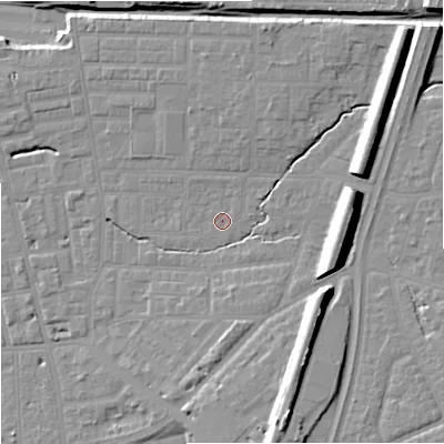 Shaded relief map of the ground around M146RU, computed from Environment Agency LiDAR. The ground here sits at about 40 m above sea level and falls 16 m across the surrounding 800 m. Surface water reaching this point runs off ground lying to the north-east, 11.0 m higher.