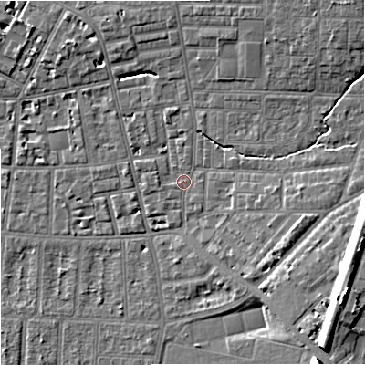 Shaded relief map of the ground around M146RW, computed from Environment Agency LiDAR. The ground here sits at about 39 m above sea level and falls 15 m across the surrounding 800 m. Surface water reaching this point runs off ground lying to the east-south-east, 12.4 m higher.