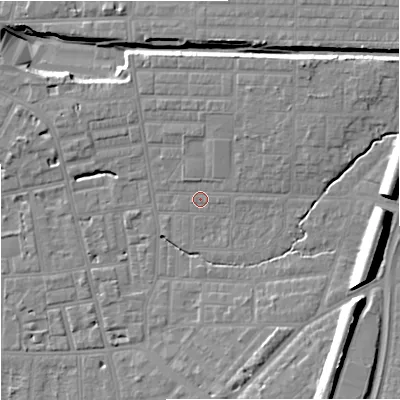 Shaded relief map of the ground around M146SB, computed from Environment Agency LiDAR. The ground here sits at about 40 m above sea level and falls 17 m across the surrounding 800 m. Surface water reaching this point runs off ground lying to the north-east, 4.2 m higher.