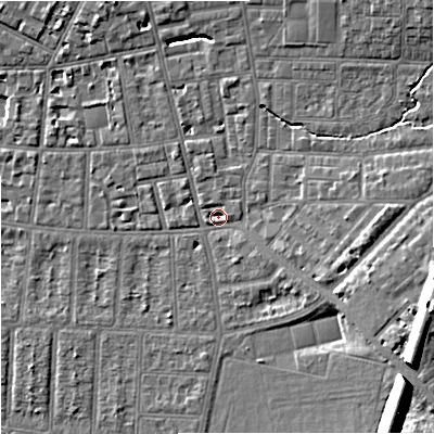 Shaded relief map of the ground around M146SP, computed from Environment Agency LiDAR. The ground here sits at about 38 m above sea level and falls 15 m across the surrounding 800 m. Surface water reaching this point runs off ground lying to the east-south-east, 12.7 m higher.