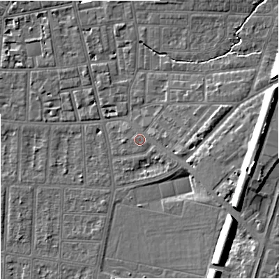 Shaded relief map of the ground around M146SQ, computed from Environment Agency LiDAR. The ground here sits at about 40 m above sea level and falls 15 m across the surrounding 800 m. Surface water reaching this point runs off ground lying to the east-south-east, 12.3 m higher.