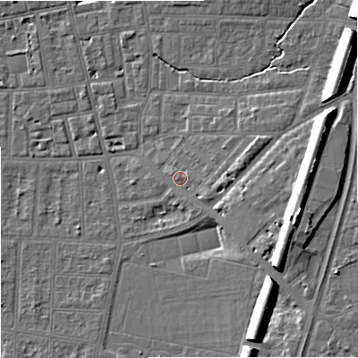 Shaded relief map of the ground around M146SR, computed from Environment Agency LiDAR. The ground here sits at about 41 m above sea level and falls 15 m across the surrounding 800 m. Surface water reaching this point runs off ground lying to the east-south-east, 11.9 m higher.