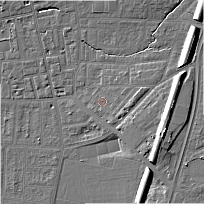 Shaded relief map of the ground around M146ST, computed from Environment Agency LiDAR. The ground here sits at about 40 m above sea level and falls 15 m across the surrounding 800 m. Surface water reaching this point runs off ground lying to the east, 3.0 m higher.