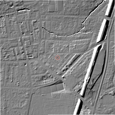 Shaded relief map of the ground around M146SU, computed from Environment Agency LiDAR. The ground here sits at about 41 m above sea level and falls 15 m across the surrounding 800 m. Surface water reaching this point runs off ground lying to the east, 3.0 m higher.