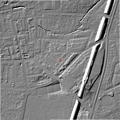 Shaded relief map of the ground around M146SX, computed from Environment Agency LiDAR. The ground here sits at about 41 m above sea level and falls 15 m across the surrounding 800 m. Surface water reaching this point runs off ground lying to the east-north-east, 2.3 m higher.