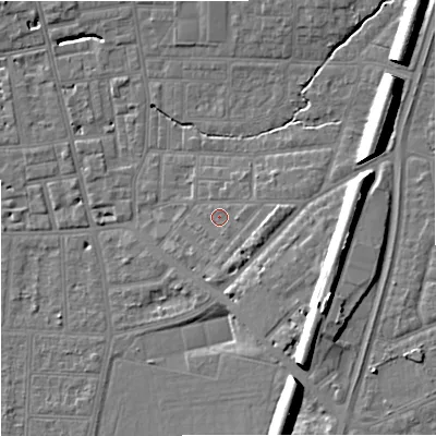 Shaded relief map of the ground around M146SY, computed from Environment Agency LiDAR. The ground here sits at about 41 m above sea level and falls 15 m across the surrounding 800 m. Surface water reaching this point runs off ground lying to the east, 2.9 m higher.