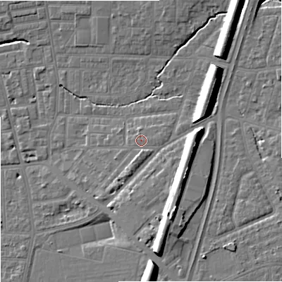 Shaded relief map of the ground around M146TD, computed from Environment Agency LiDAR. The ground here sits at about 42 m above sea level and falls 15 m across the surrounding 800 m. Surface water reaching this point runs off ground lying to the south, 1.3 m higher.