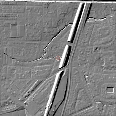 Shaded relief map of the ground around M146TE, computed from Environment Agency LiDAR. The ground here sits at about 41 m above sea level and falls 14 m across the surrounding 800 m. Surface water reaching this point runs off ground lying to the north-east, 8.9 m higher.