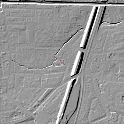 Shaded relief map of the ground around M146TF, computed from Environment Agency LiDAR. The ground here sits at about 41 m above sea level and falls 16 m across the surrounding 800 m. Surface water reaching this point runs off ground lying to the north-north-east, 10.1 m higher.