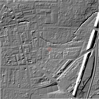 Shaded relief map of the ground around M146TG, computed from Environment Agency LiDAR. The ground here sits at about 40 m above sea level and falls 15 m across the surrounding 800 m. Surface water reaching this point runs off ground lying to the east-south-east, 3.3 m higher.