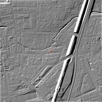 Shaded relief map of the ground around M146TH, computed from Environment Agency LiDAR. The ground here sits at about 41 m above sea level and falls 16 m across the surrounding 800 m. Surface water reaching this point runs off ground lying to the south-south-east, 10.7 m higher.