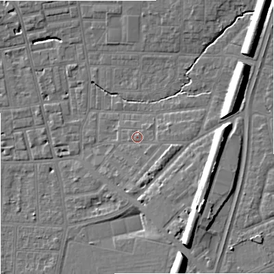 Shaded relief map of the ground around M146TL, computed from Environment Agency LiDAR. The ground here sits at about 41 m above sea level and falls 15 m across the surrounding 800 m. Surface water reaching this point runs off ground lying to the east-south-east, 1.1 m higher.