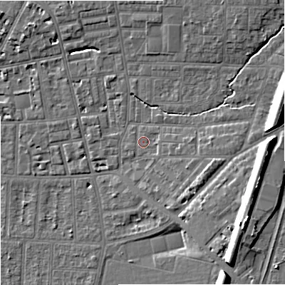 Shaded relief map of the ground around M146TN, computed from Environment Agency LiDAR. The ground here sits at about 40 m above sea level and falls 15 m across the surrounding 800 m. Surface water reaching this point runs off ground lying to the east-south-east, 2.8 m higher.