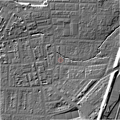 Shaded relief map of the ground around M146TR, computed from Environment Agency LiDAR. The ground here sits at about 39 m above sea level and falls 17 m across the surrounding 800 m. Surface water reaching this point runs off ground lying to the east-south-east, 1.0 m higher.