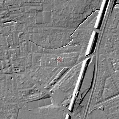 Shaded relief map of the ground around M146TT, computed from Environment Agency LiDAR. The ground here sits at about 42 m above sea level and falls 15 m across the surrounding 800 m. Surface water reaching this point runs off ground lying to the east-south-east, 1.9 m higher.