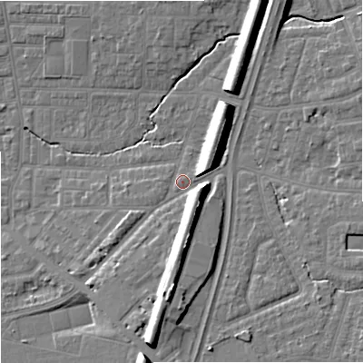 Shaded relief map of the ground around M146TU, computed from Environment Agency LiDAR. The ground here sits at about 43 m above sea level and falls 14 m across the surrounding 800 m. Surface water reaching this point runs off ground lying to the south, 10.4 m higher.