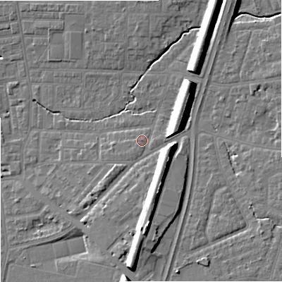 Shaded relief map of the ground around M146TW, computed from Environment Agency LiDAR. The ground here sits at about 42 m above sea level and falls 15 m across the surrounding 800 m. Surface water reaching this point runs off ground lying to the south, 10.4 m higher.