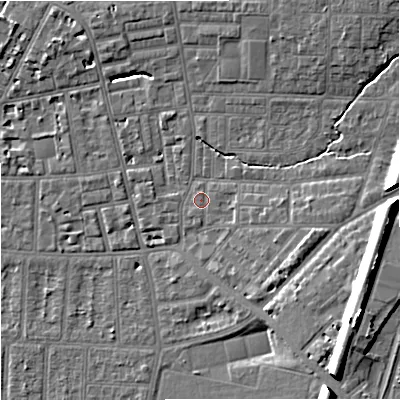 Shaded relief map of the ground around M146TY, computed from Environment Agency LiDAR. The ground here sits at about 39 m above sea level and falls 15 m across the surrounding 800 m. Surface water reaching this point runs off ground lying to the east-south-east, 0.6 m higher.