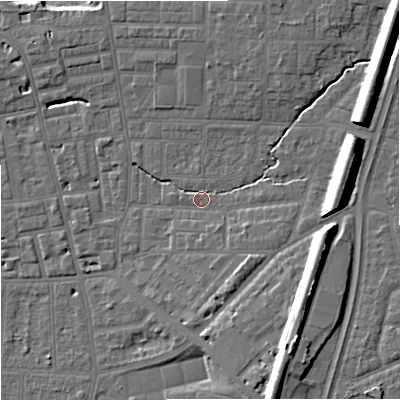 Shaded relief map of the ground around M146TZ, computed from Environment Agency LiDAR. The ground here sits at about 40 m above sea level and falls 16 m across the surrounding 800 m. Surface water reaching this point runs off ground lying to the south-south-east, 12.6 m higher.